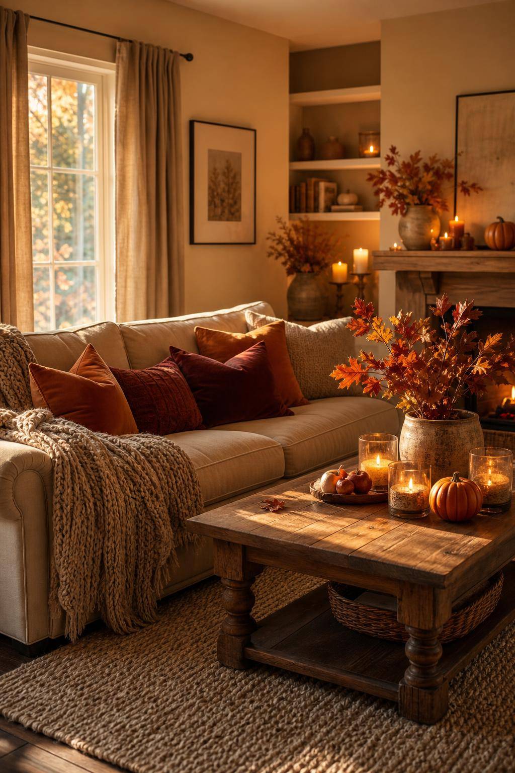 Wohnzimmer herbstlich dekorieren- Verteile Duftkerzen mit Zimt- und Apfelaroma