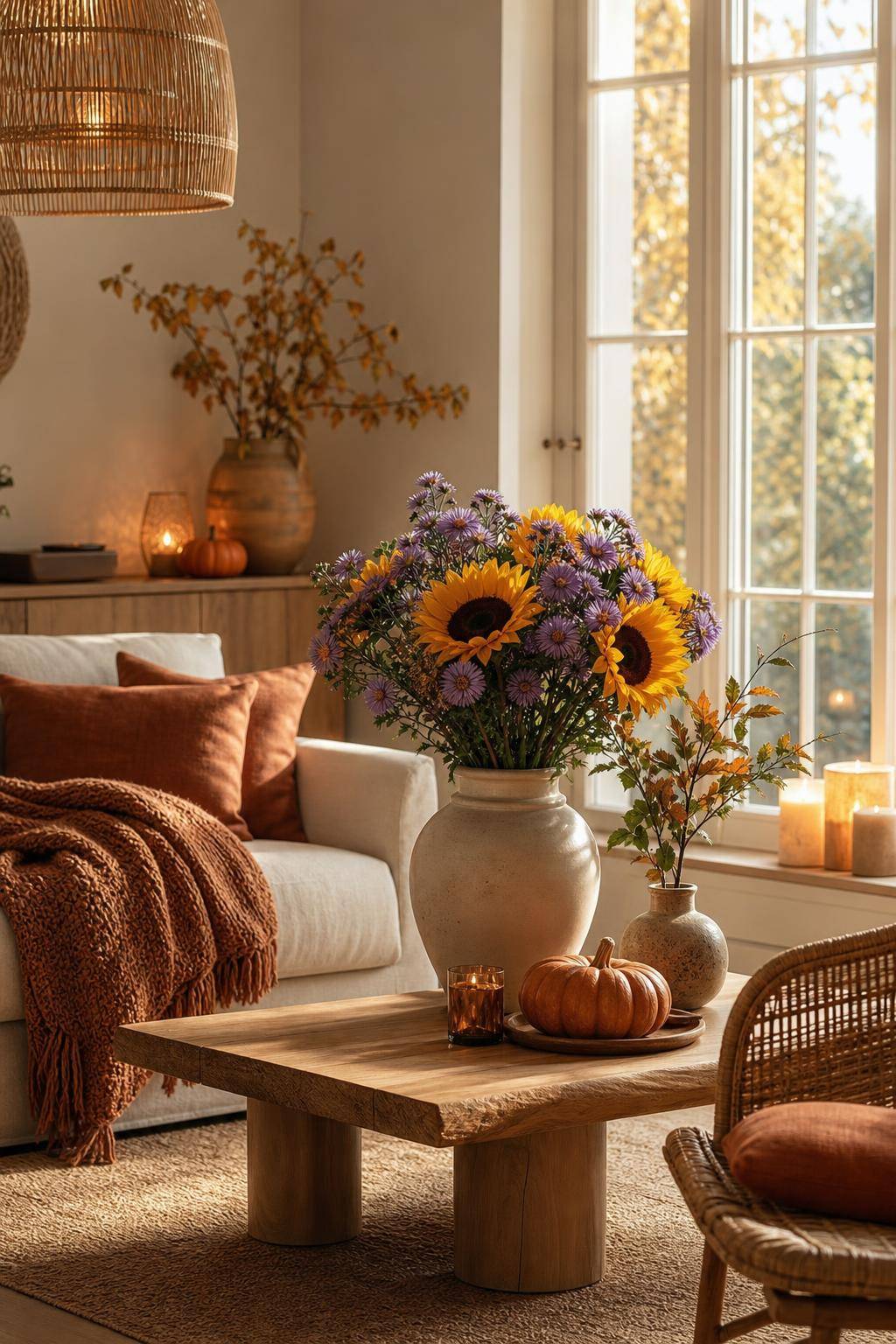 Wohnzimmer herbstlich dekorieren- Verwende Vasen mit Sonnenblumen und Astern
