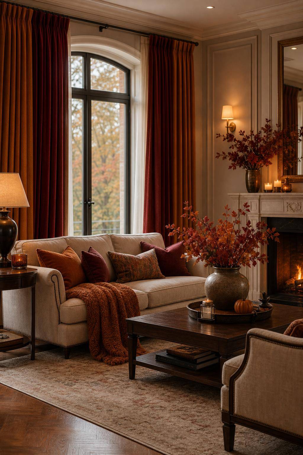 Wohnzimmer herbstlich dekorieren- Wähle Vorhänge in warmen Herbstfarben