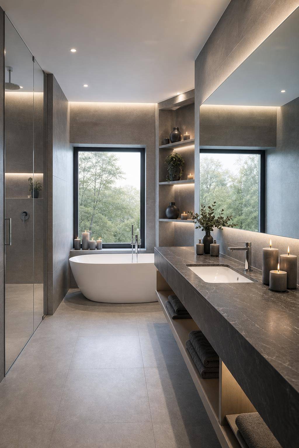 Badezimmer in Grau einrichten- Arrangiere stylische Kerzen in Grauschattierungen