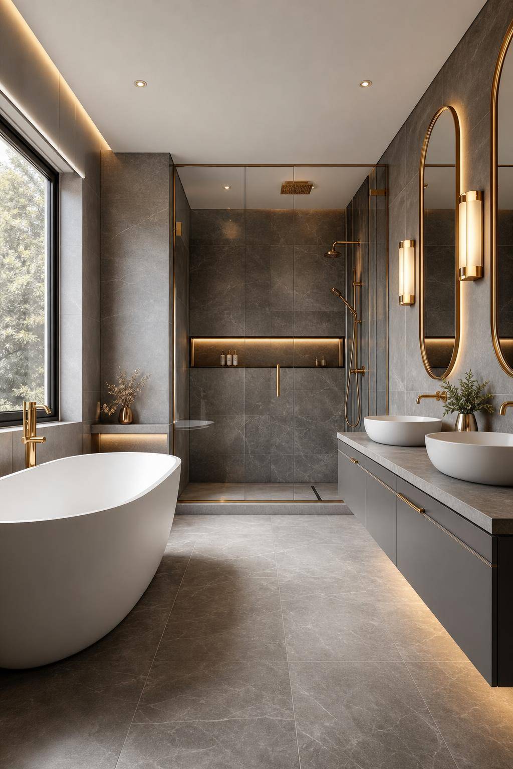 Badezimmer in Grau einrichten- Bring goldene oder kupferne Akzente ein