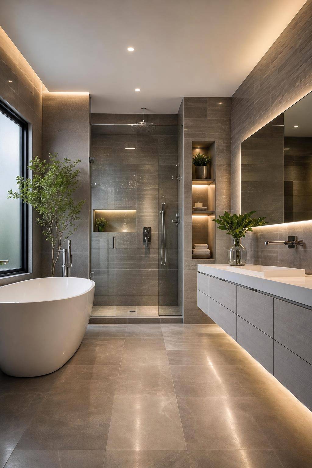 Badezimmer in Grau einrichten- Integriere graue Wandfliesen in verschiedenen Nuancen