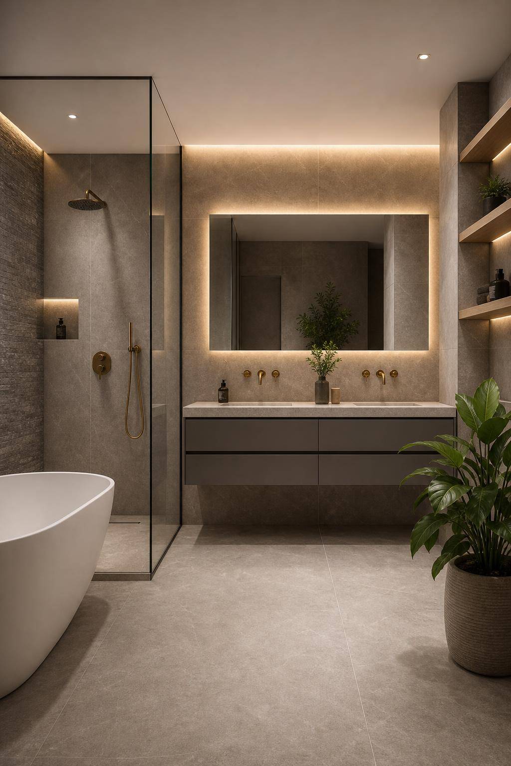 Badezimmer in Grau einrichten- Montiere schwebende Möbel für Leichtigkeit