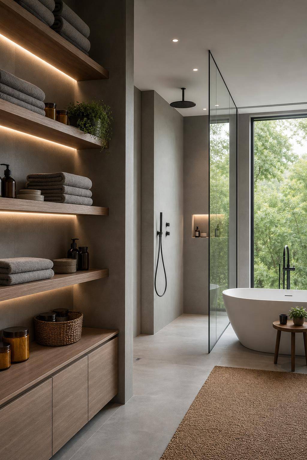 Badezimmer in Grau einrichten- Setze auf offene Regale für mehr Ordnung