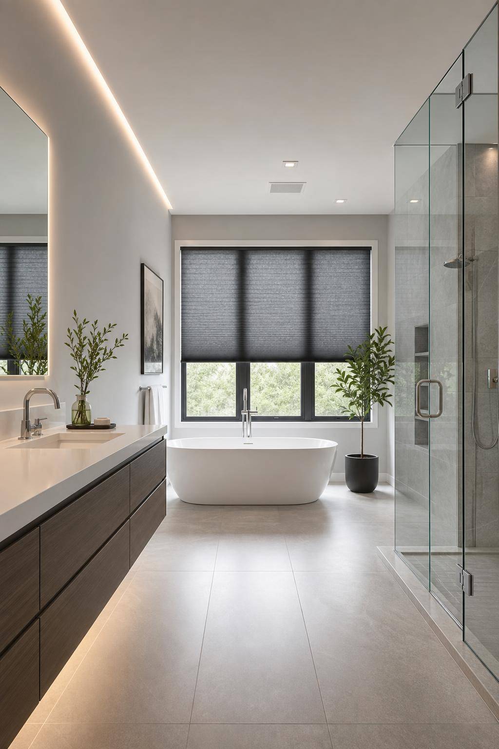 Badezimmer in Grau einrichten- Wähle Vorhänge oder Plissees in Rauchgrau
