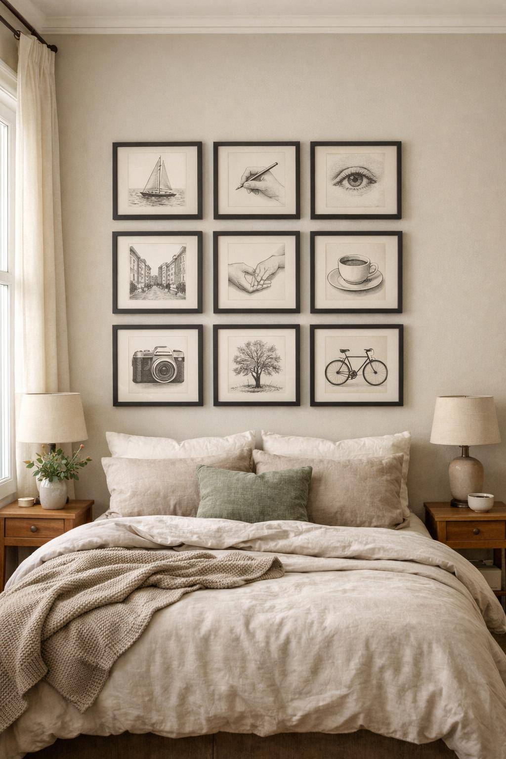 Bilderwand Schlafzimmer Ideen- Arrangiere eigene Zeichnungen als Unikate