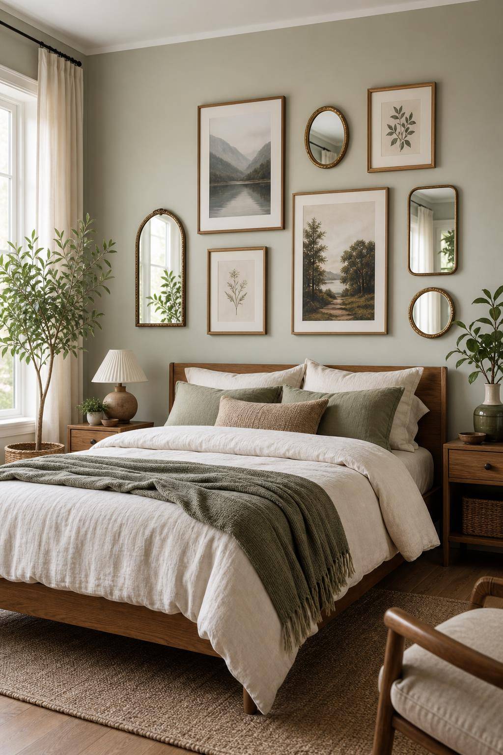 Bilderwand Schlafzimmer Ideen- Ergänze die Wand mit kleinen Spiegeln für Lichtreflexe