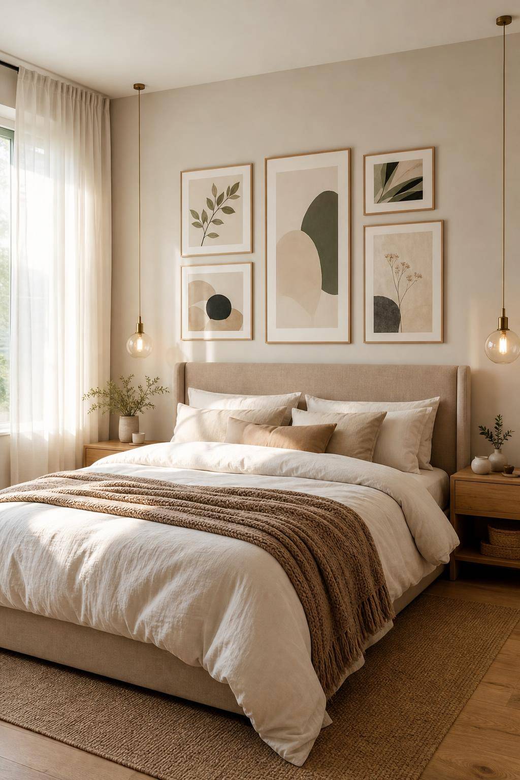 Bilderwand Schlafzimmer Ideen- Gestalte eine Bildergalerie über dem Bett als Mittelpunkt