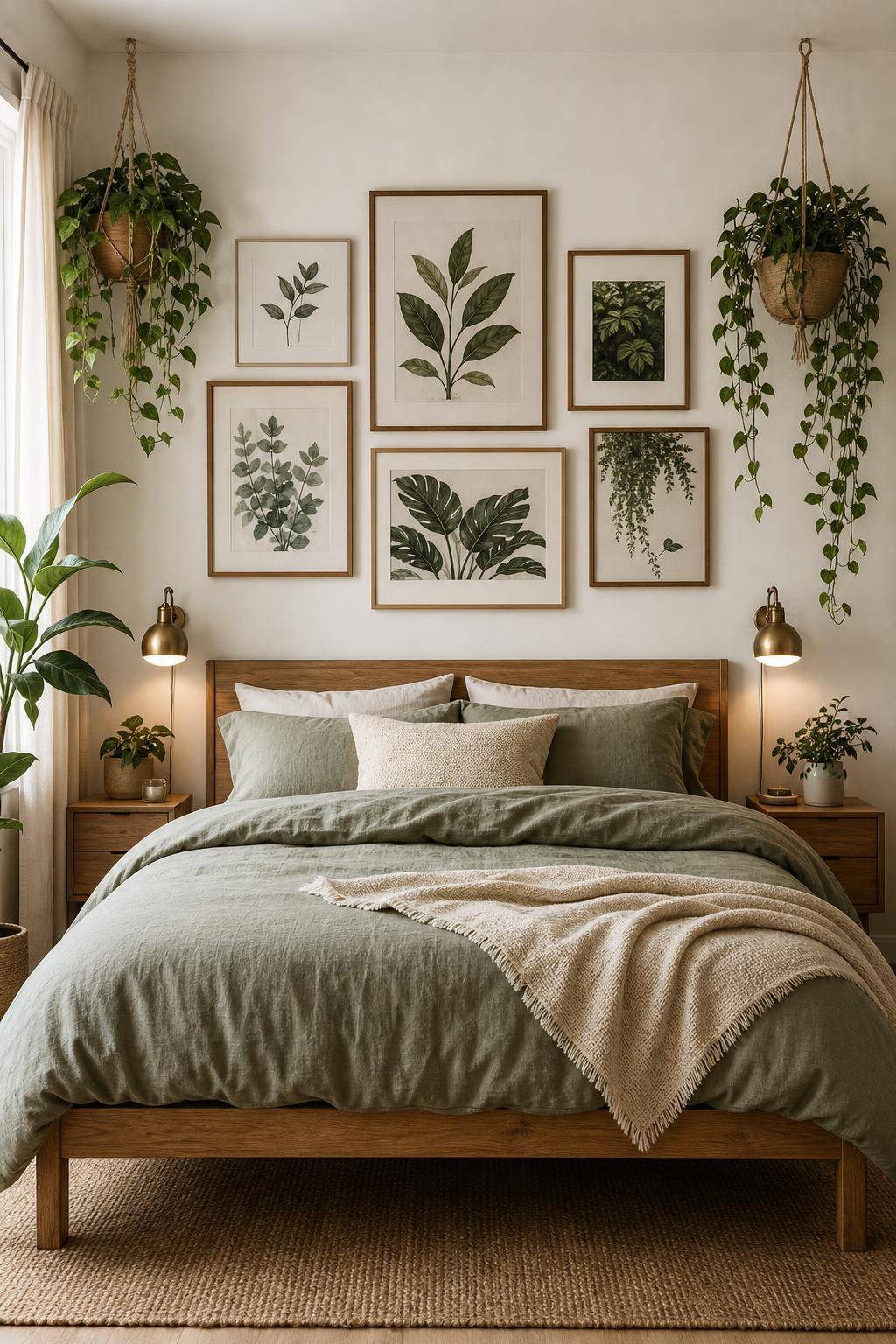 Bilderwand Schlafzimmer Ideen- Hänge Pflanzenbilder für natürlichen Charme auf