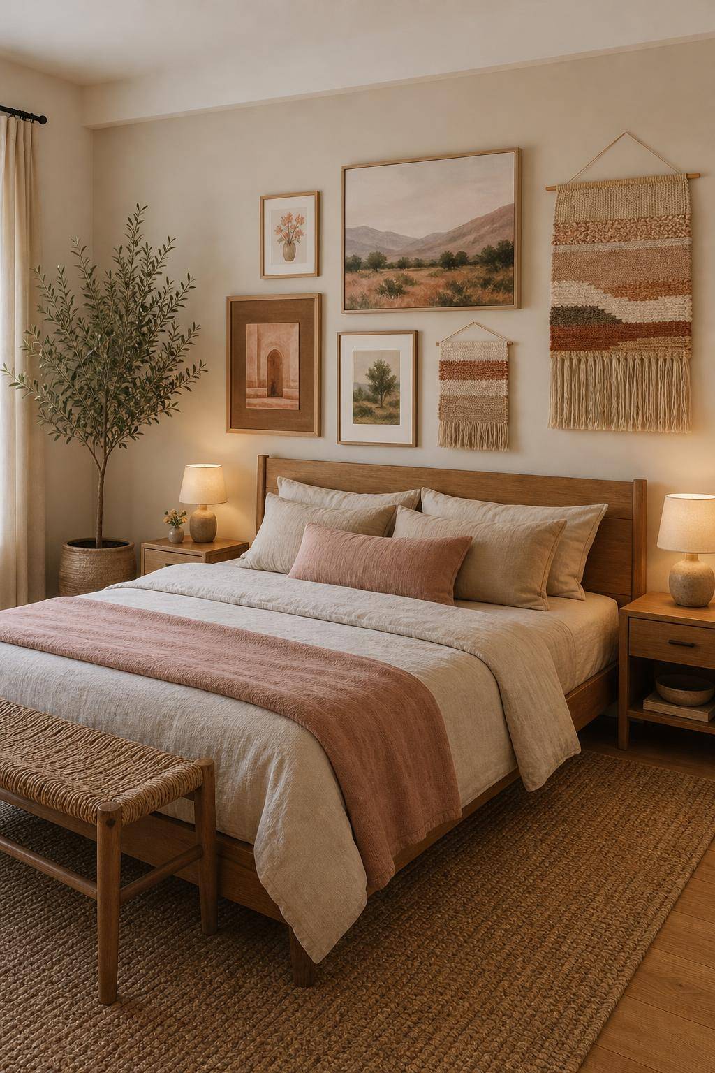 Bilderwand Schlafzimmer Ideen- Hänge textile Wandbehänge zwischen deine Bilder