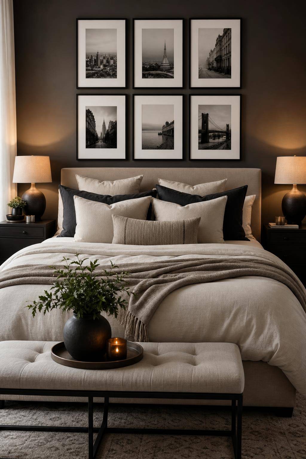 Bilderwand Schlafzimmer Ideen- Kombiniere Schwarz-Weiß-Fotografien für Eleganz