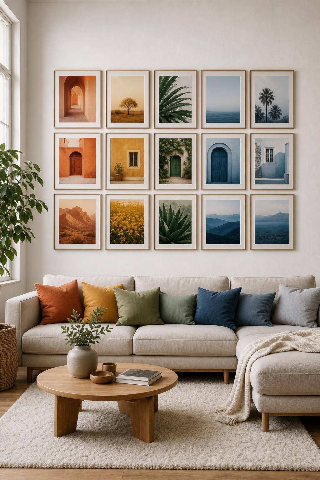 Bilderwand Wohnzimmer Ideen- Arrangiere Fotomotive nach Farbwelten