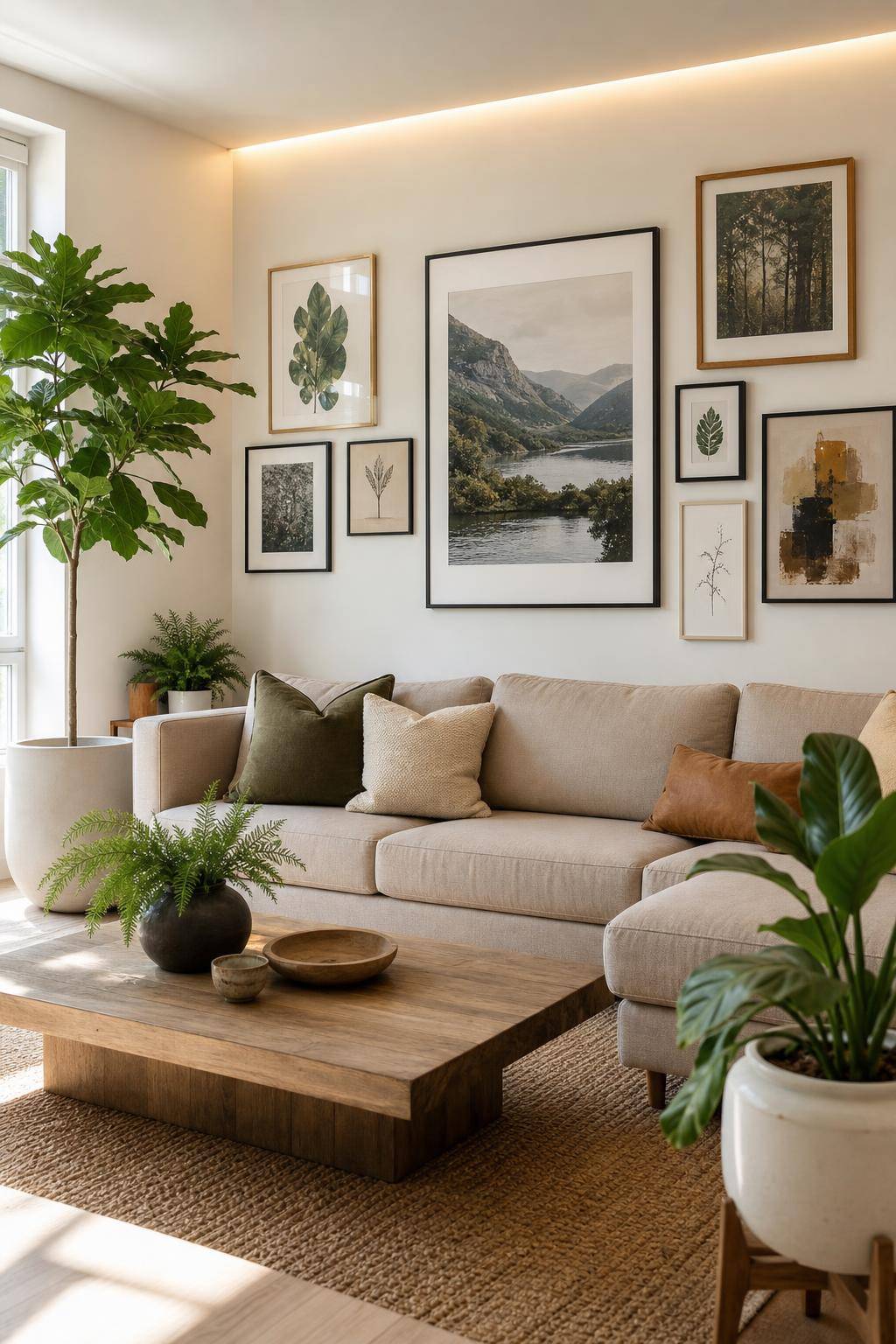 Bilderwand Wohnzimmer Ideen- Bringe Pflanzen als Kontrast zur Galerie ein