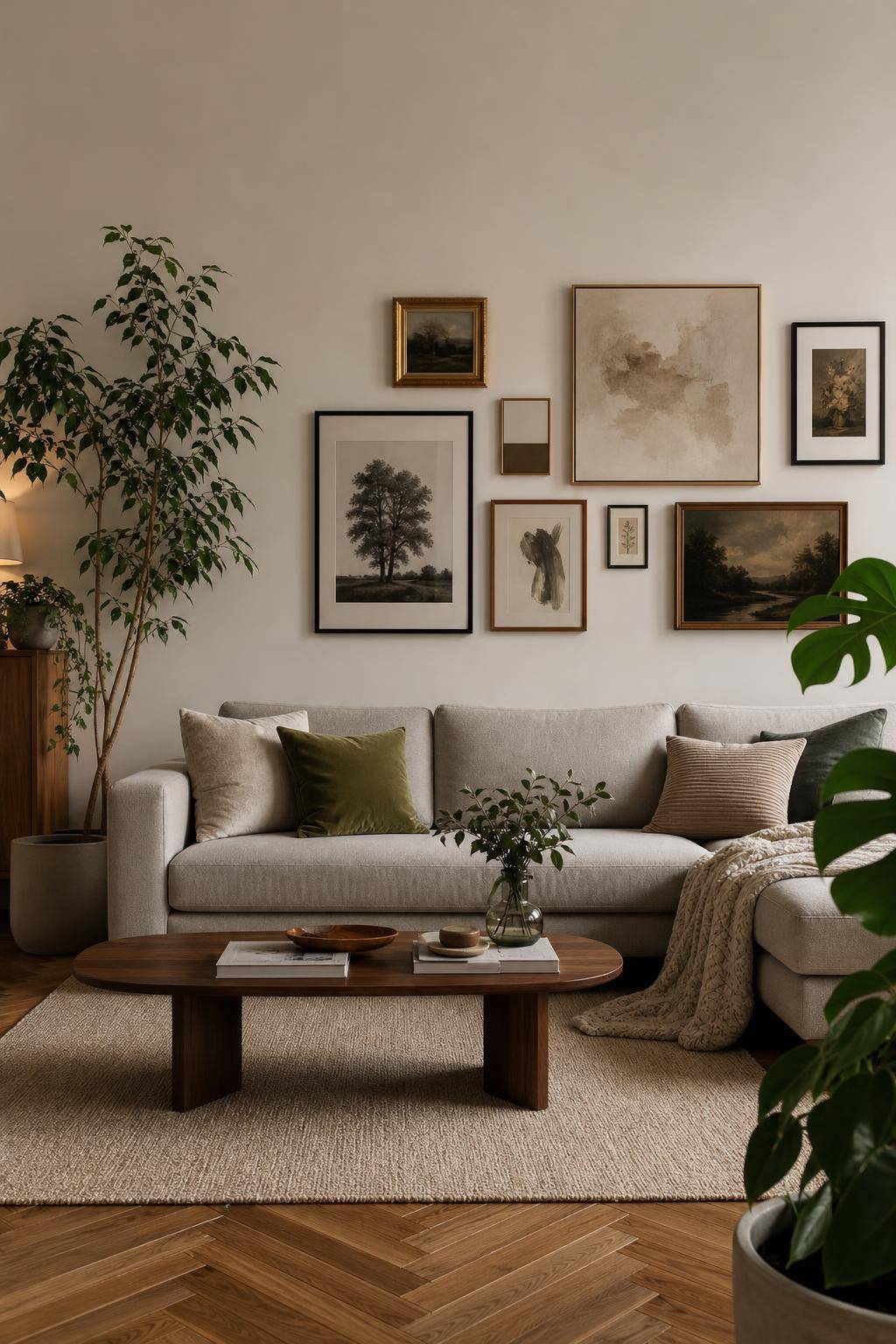 Bilderwand Wohnzimmer Ideen- Probiere asymmetrische Anordnungen aus