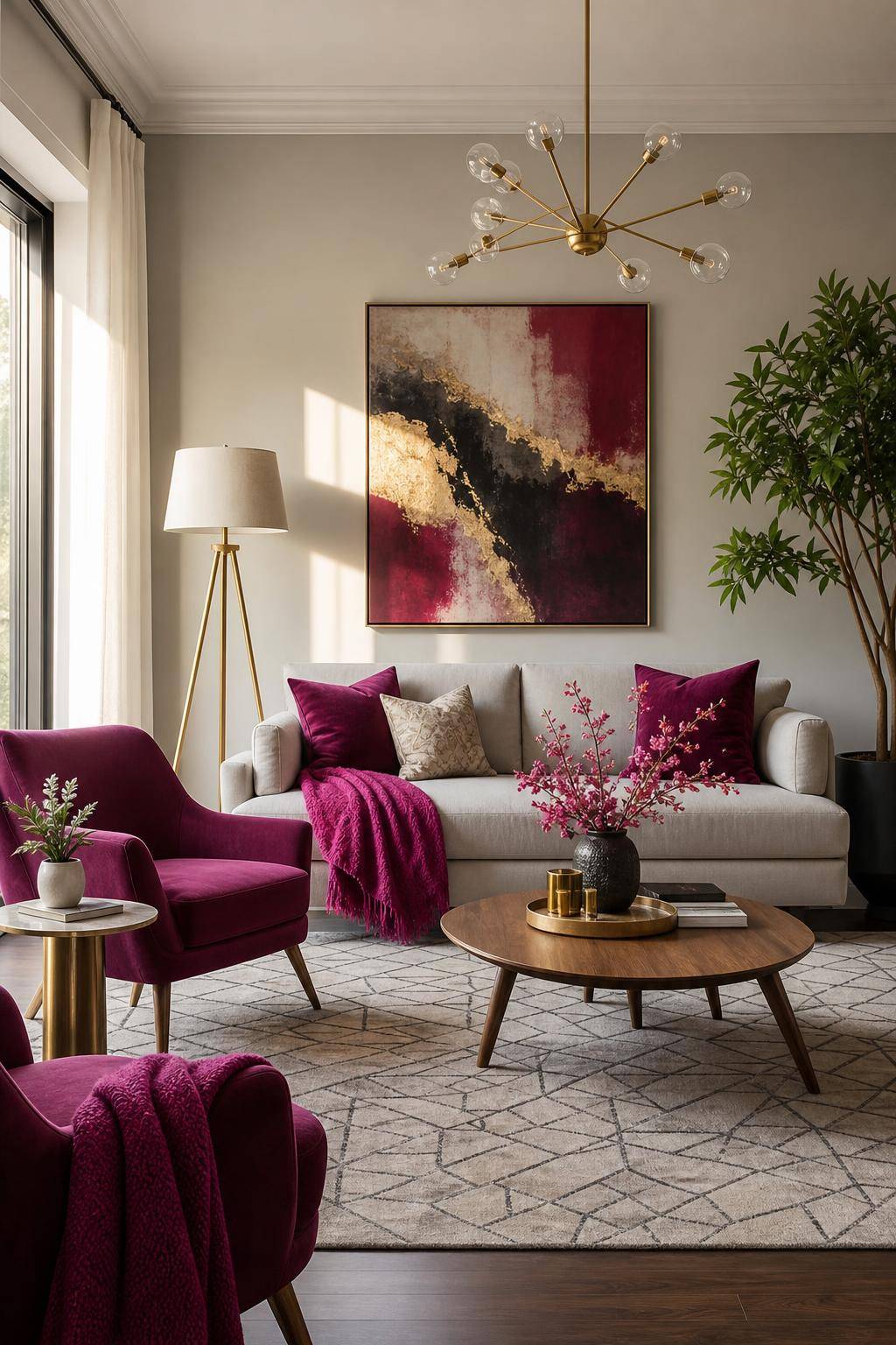 Einrichtungsideen mit der Farbe Magenta- Betone Möbel mit magentafarbenen Überwürfen
