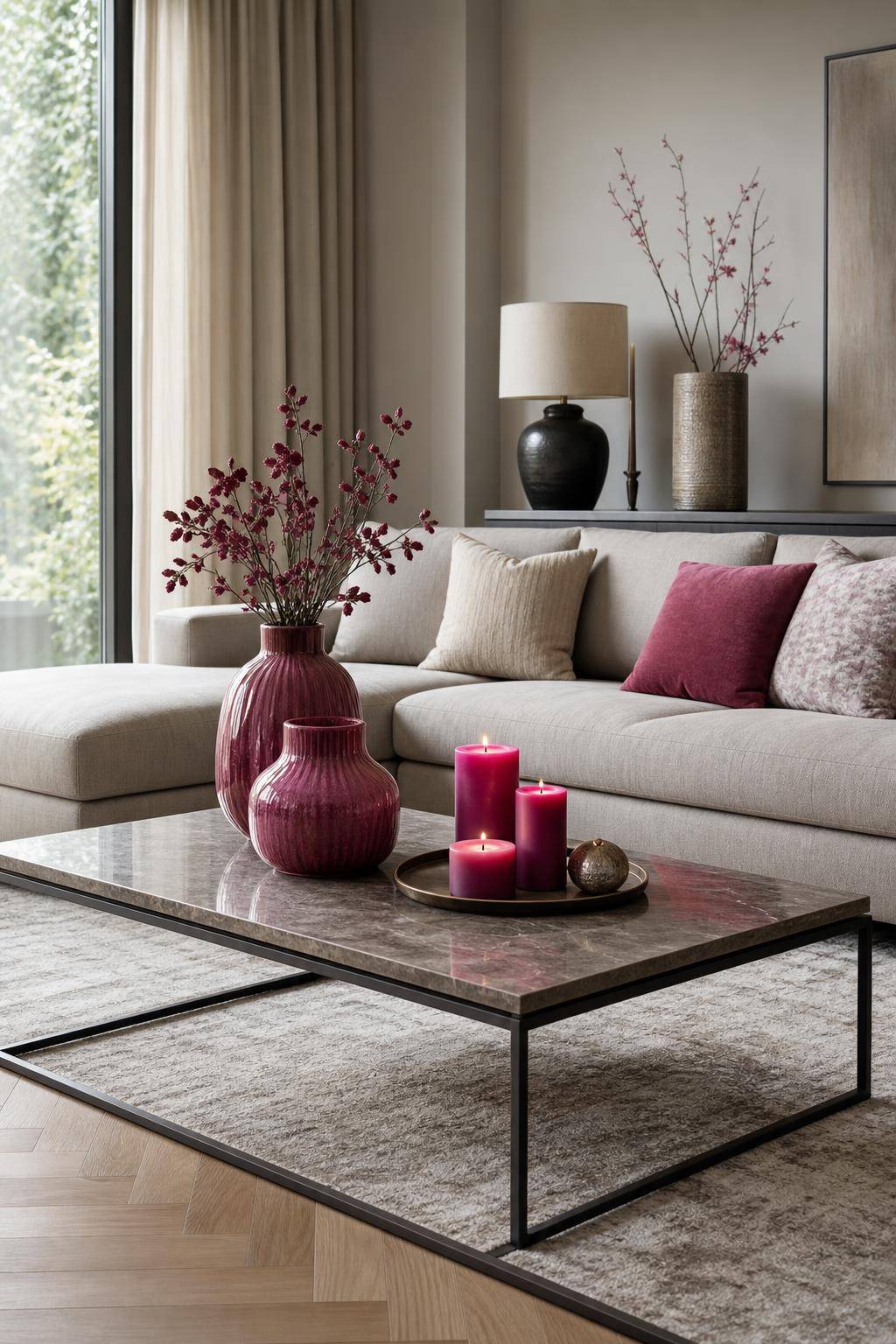 Einrichtungsideen mit der Farbe Magenta- Dekoriere mit magentafarbenen Vasen und Kerzen