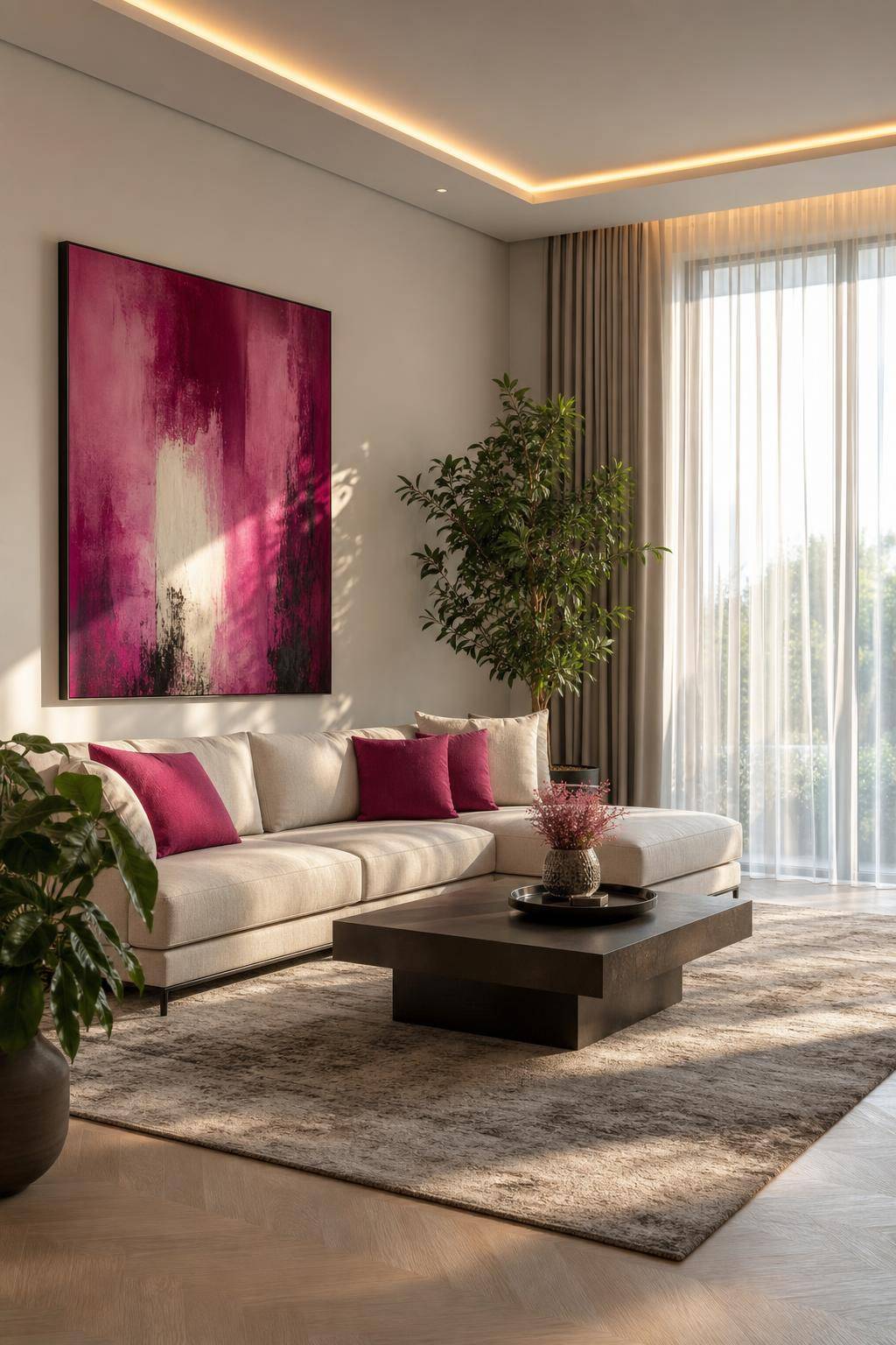 Einrichtungsideen mit der Farbe Magenta- Integriere magentafarbene Kunstwerke an Wänden