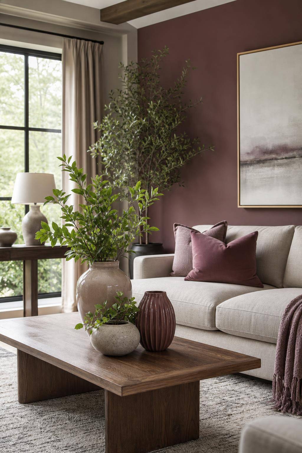 Einrichtungsideen mit der Farbe Mauve- Ergänze Mauve mit Pflanzen in Keramikvasen