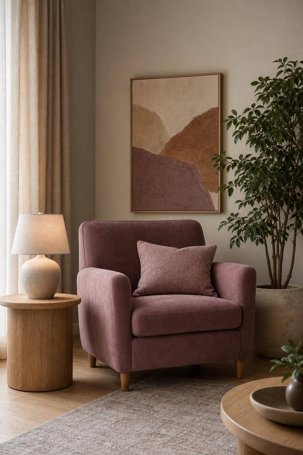 Einrichtungsideen mit der Farbe Mauve- Stelle einen Sessel in Mauve auf