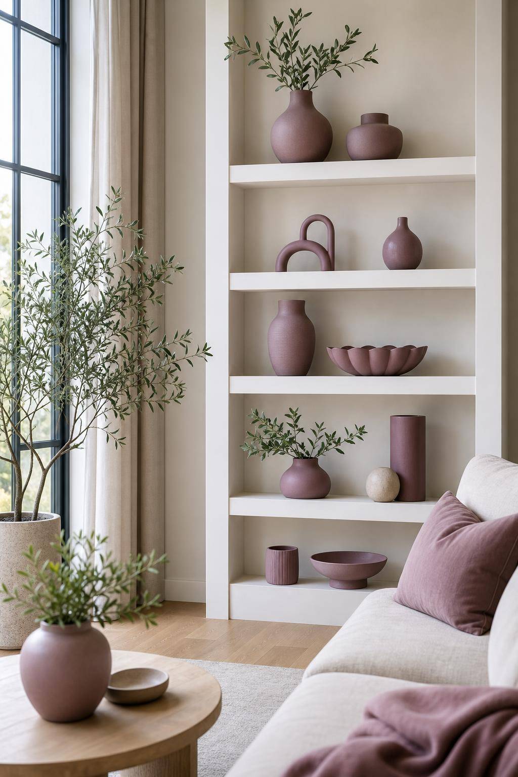 Einrichtungsideen mit der Farbe Mauve- Style Regale mit mauvefarbenen Accessoires