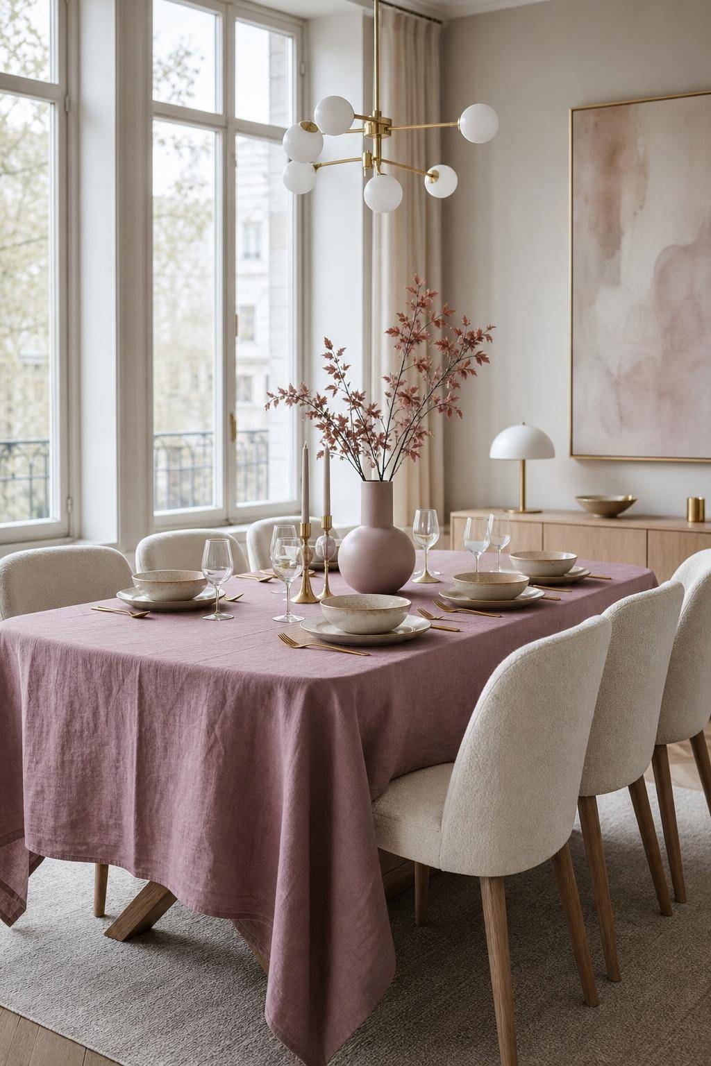 Einrichtungsideen mit der Farbe Mauve- Verwende Tischdecken in Mauve für Esstische