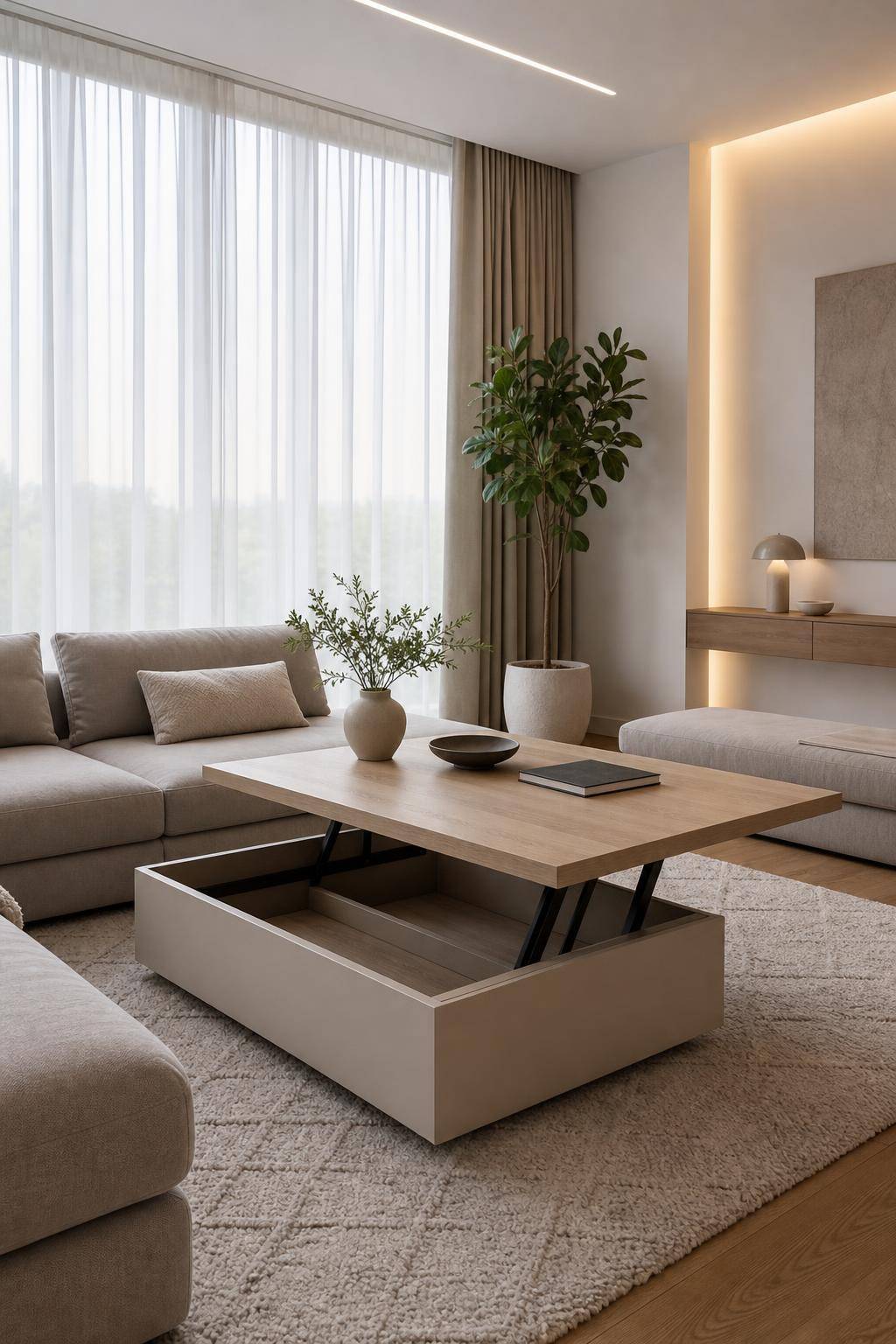 Ideen: verschiedene Arten von Couchtischen- Integriere einen ausklappbaren Couchtisch für Flexibilität