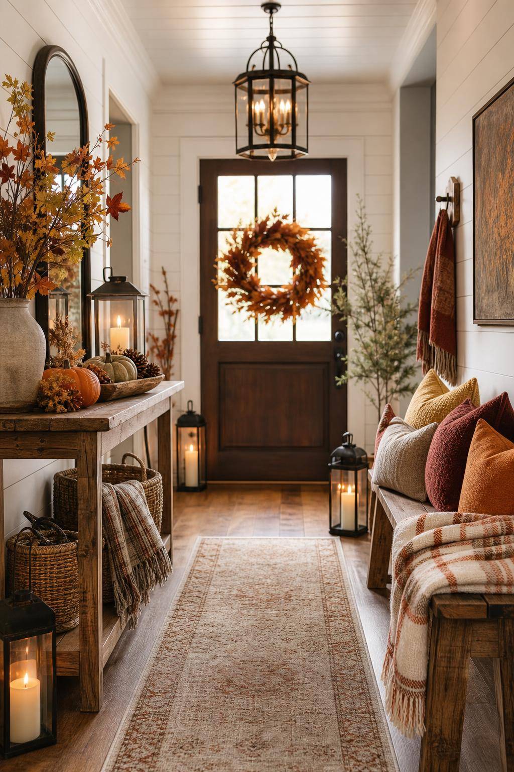 Ideen für Herbstdeko im Hauseingang und Flur- Dekoriere mit kuscheligen Plaids und Kissen in Herbstfarben