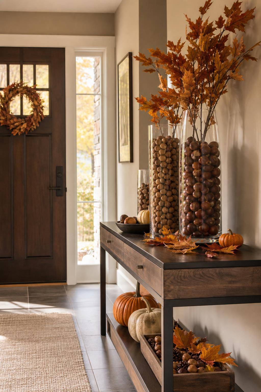 Ideen für Herbstdeko im Hauseingang und Flur- Fülle Glasvasen mit Kastanien und Eicheln