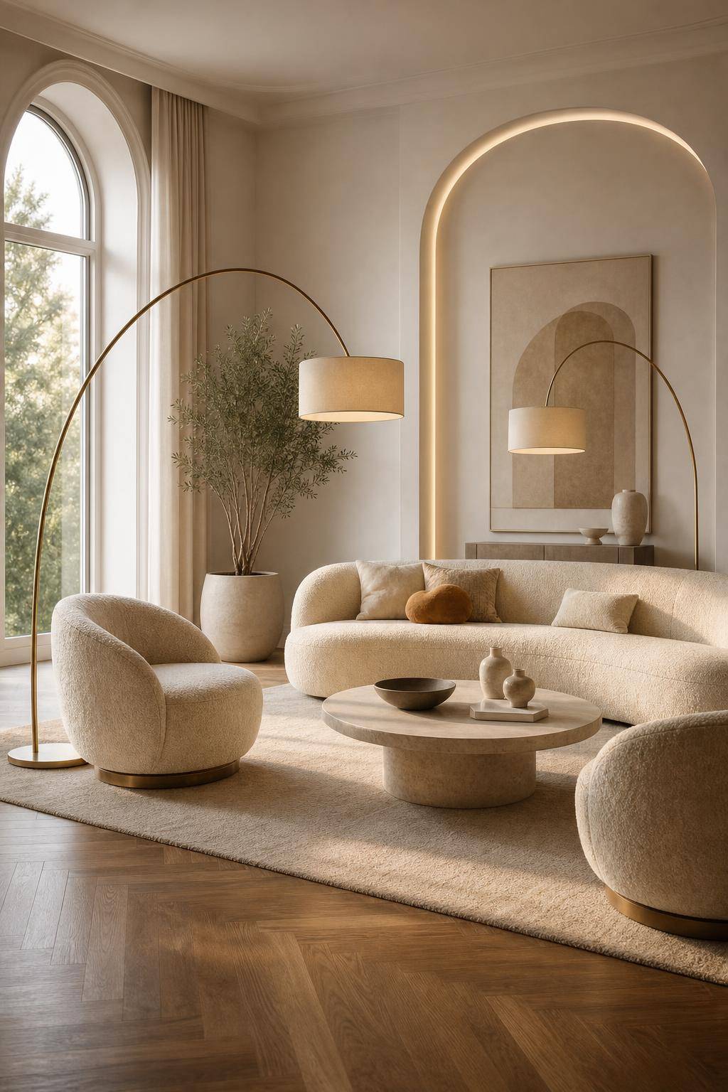 Inspiration: Curvy-Interior-Trend bei Möbeln- Integriere bogenförmige Stehlampen ins Wohnzimmer