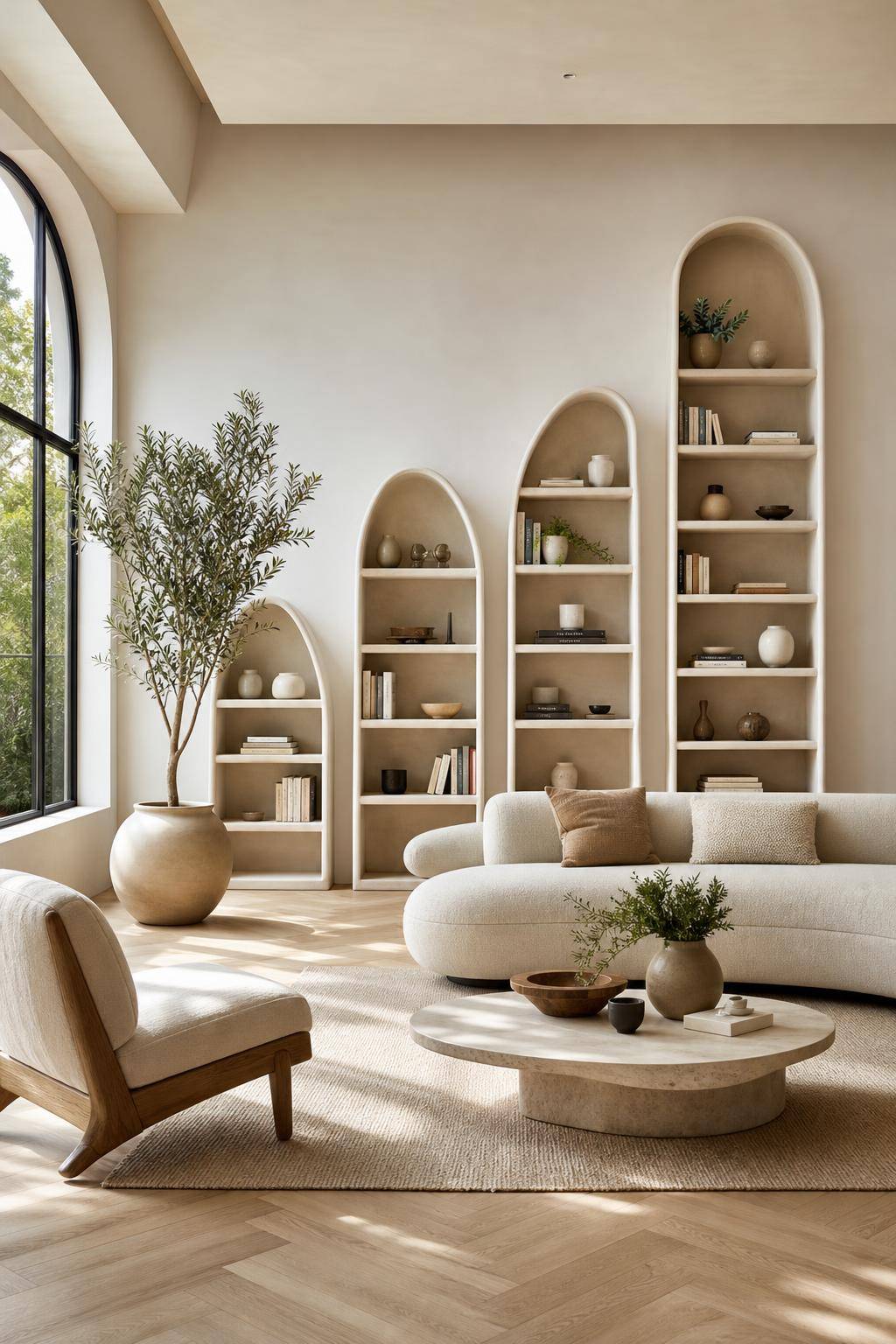 Inspiration: Curvy-Interior-Trend bei Möbeln- Spiele mit unterschiedlich hohen Bogenregalen
