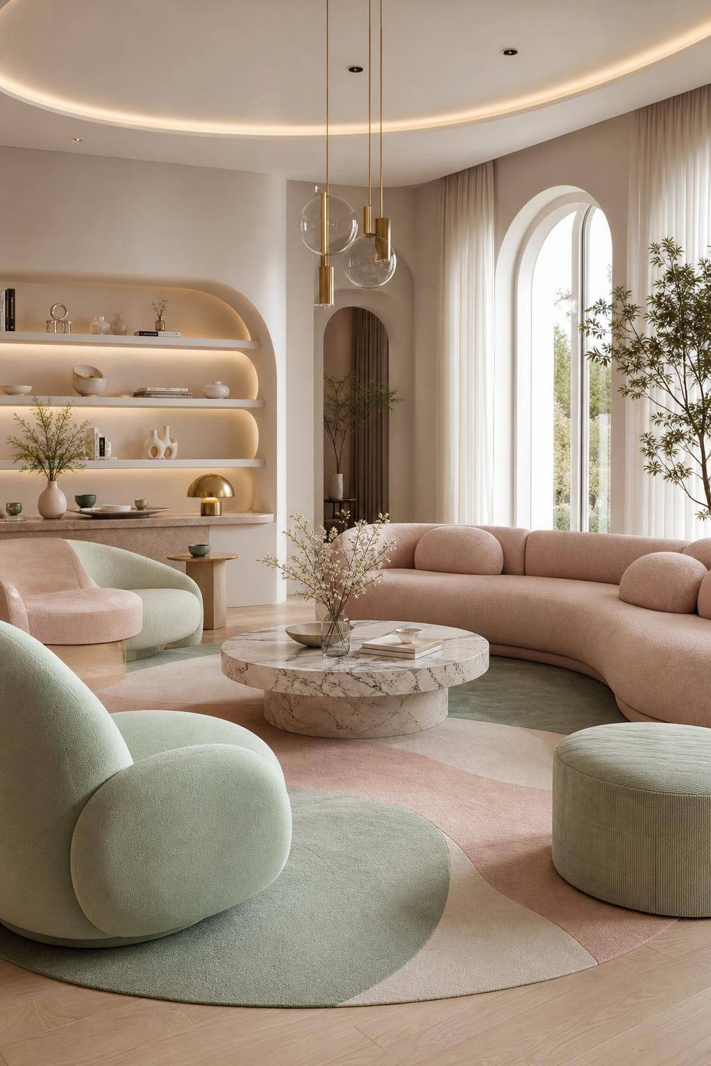 Inspiration: Curvy-Interior-Trend bei Möbeln- Verbinde geschwungene Formen mit zarten Pastelltönen