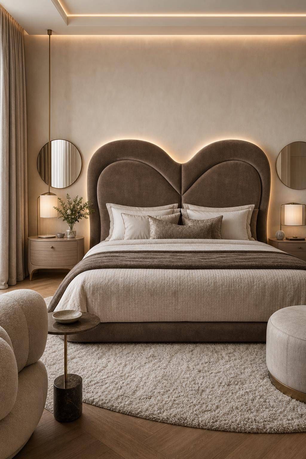 Inspiration: Curvy-Interior-Trend bei Möbeln- Veredle dein Schlafzimmer mit gewölbten Kopfteilen