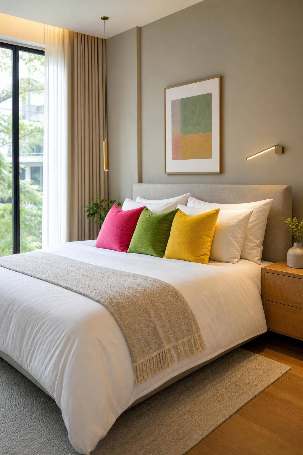 Inspiration: Einrichtung mit Neonfarben- Setze Akzente mit Neon-Kissen auf dem Bett