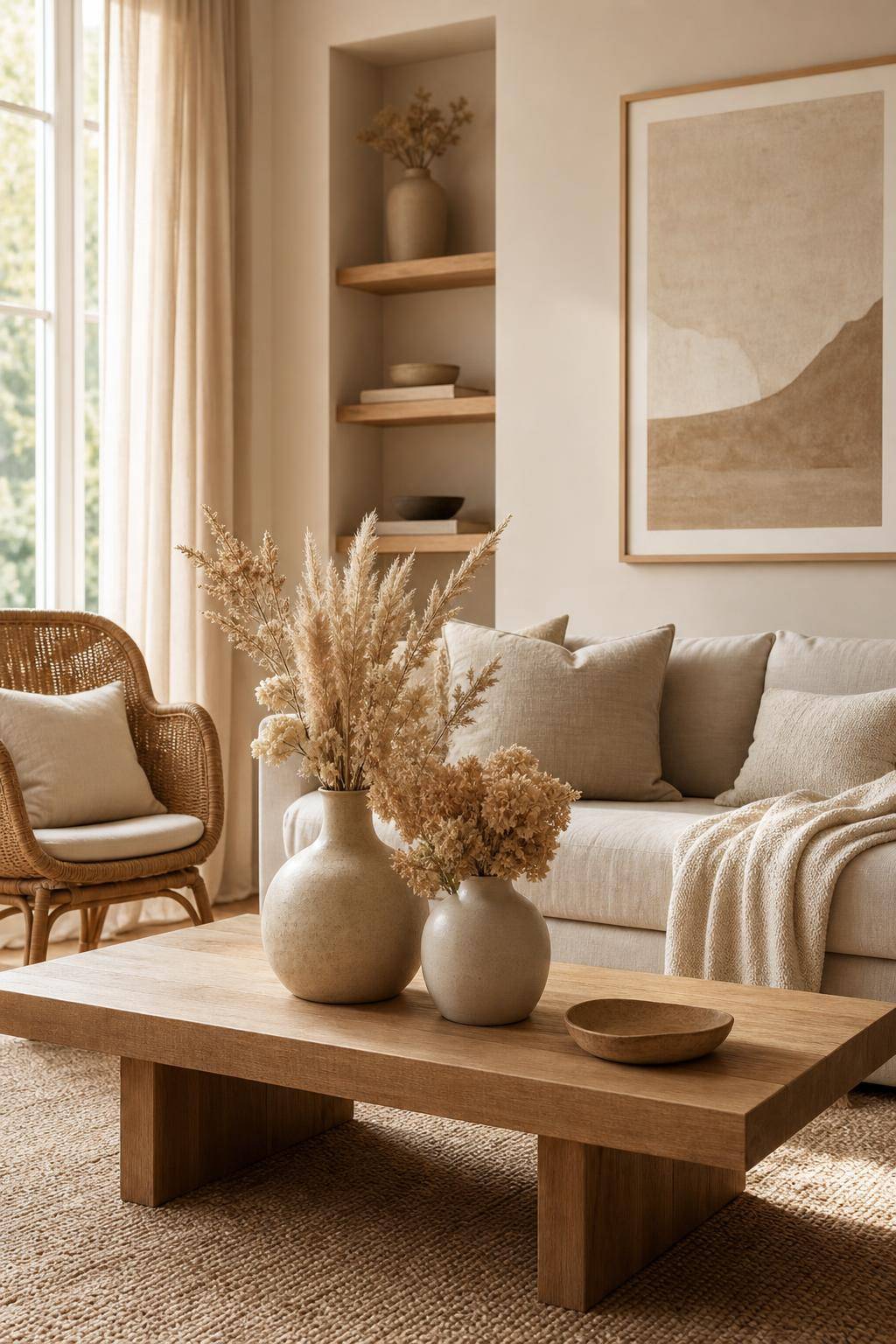 Inspiration: Einrichtung mit Sandfarben- Arrangiere Trockenblumen in beigen Vasen
