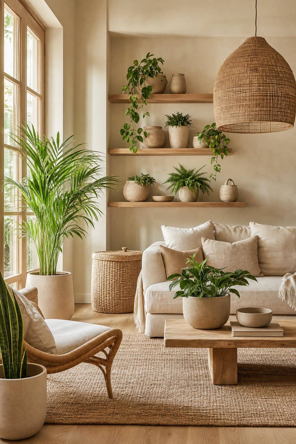 Inspiration: Einrichtung mit Sandfarben- Arrangiere Zimmerpflanzen in sandfarbenen Übertöpfen