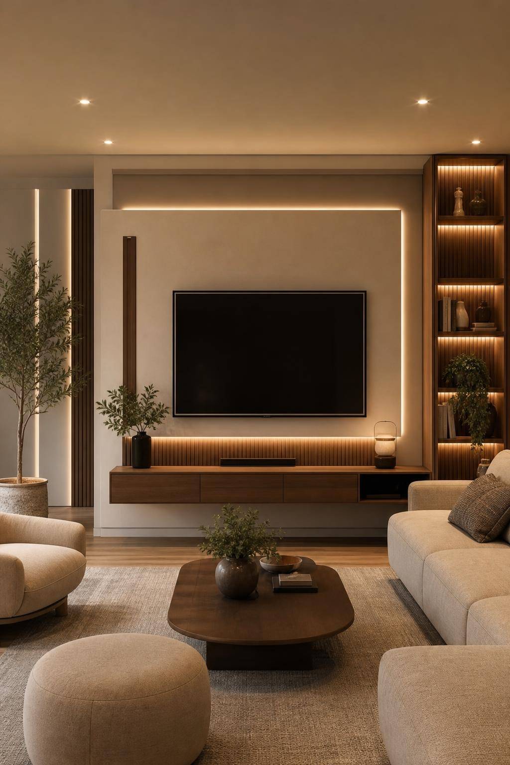 Inspiration: indirekte Beleuchtung im Wohnzimmer- Arrangiere Leuchten um den Fernseher für Kontrast