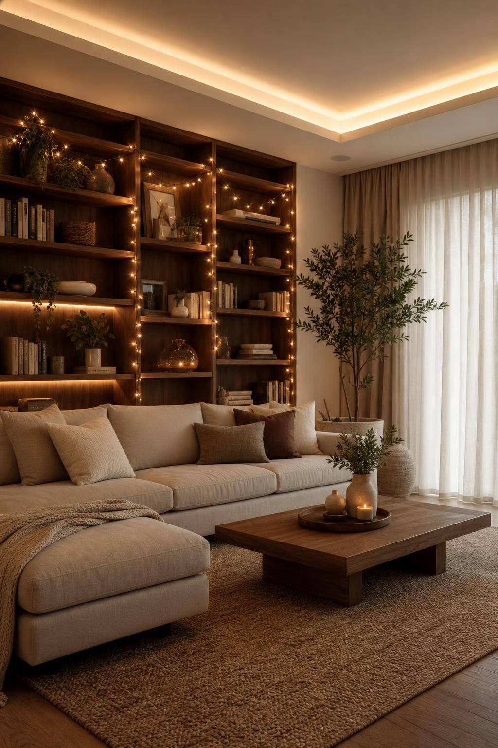 Inspiration: indirekte Beleuchtung im Wohnzimmer- Hänge Lichterketten am Bücherregal für Charme
