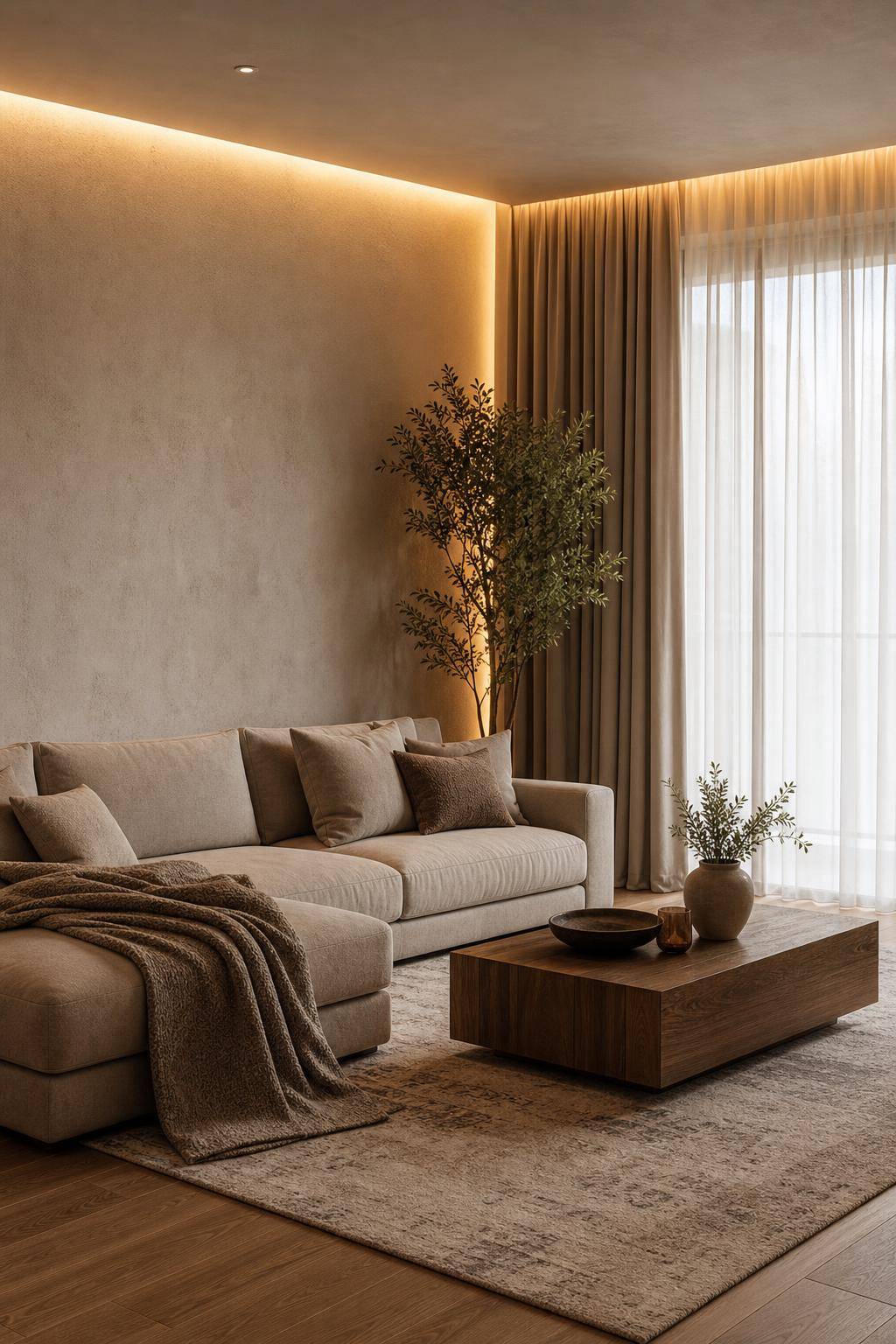 Inspiration: indirekte Beleuchtung im Wohnzimmer- Montiere Lichtquellen hinter Vorhängen für Weichheit