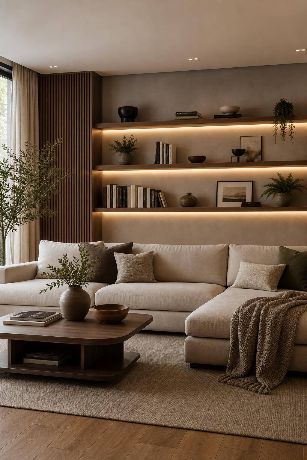 Inspiration: indirekte Beleuchtung im Wohnzimmer- Platziere Lichter unter Regalen zur Strukturierung