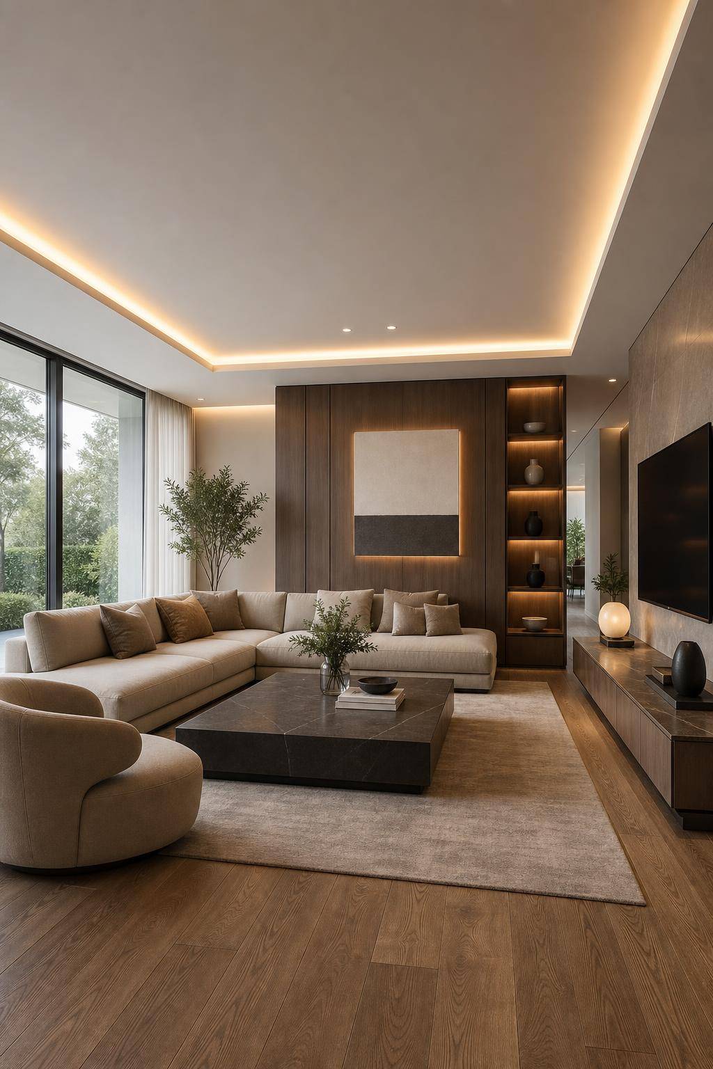 Inspiration: indirekte Beleuchtung im Wohnzimmer- Staffiere die Decke mit LED-Profilen für Eleganz