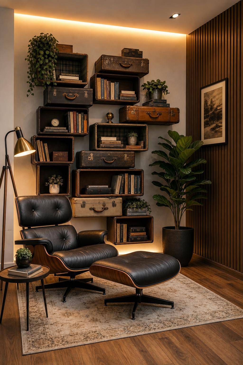 Kreative Ideen für Bücherregale- Füge Vintage-Koffer als Regalfächer hinzu