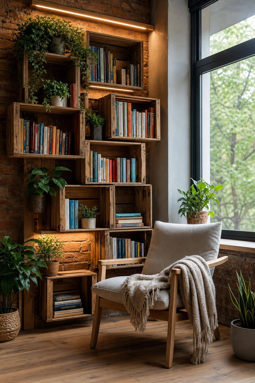 Kreative Ideen für Bücherregale- Verwende alte Weinkisten als Regalfächer