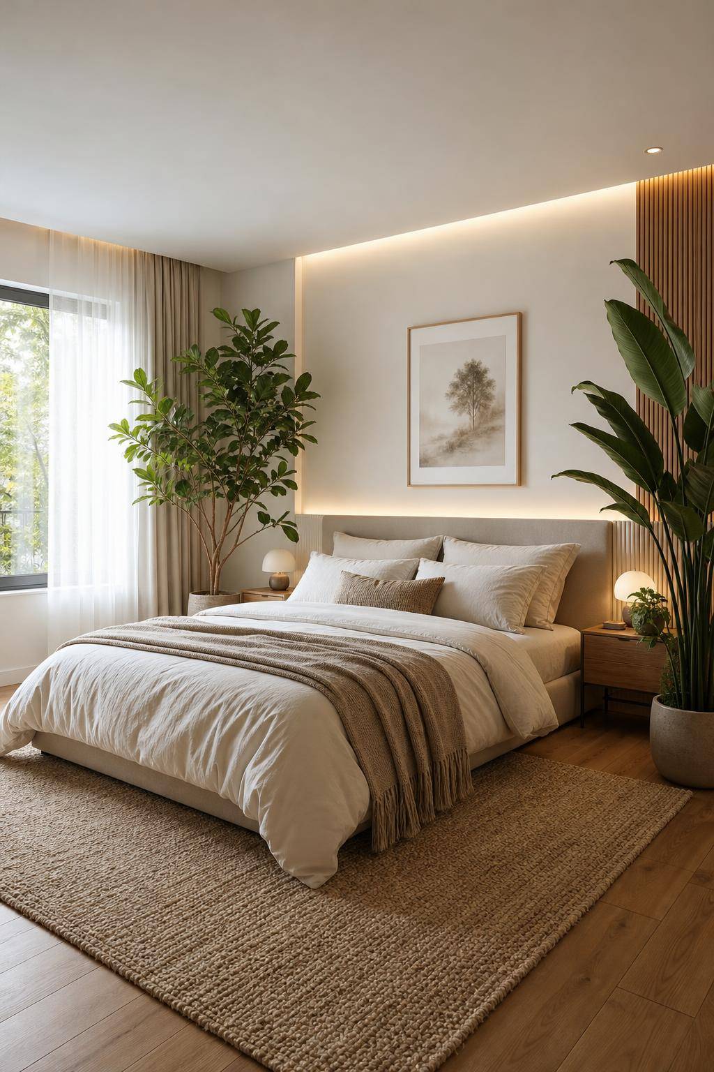 Teppich-Ideen für das Schlafzimmer- Ergänze Pflanzen für natürlichen Flair zum Teppich