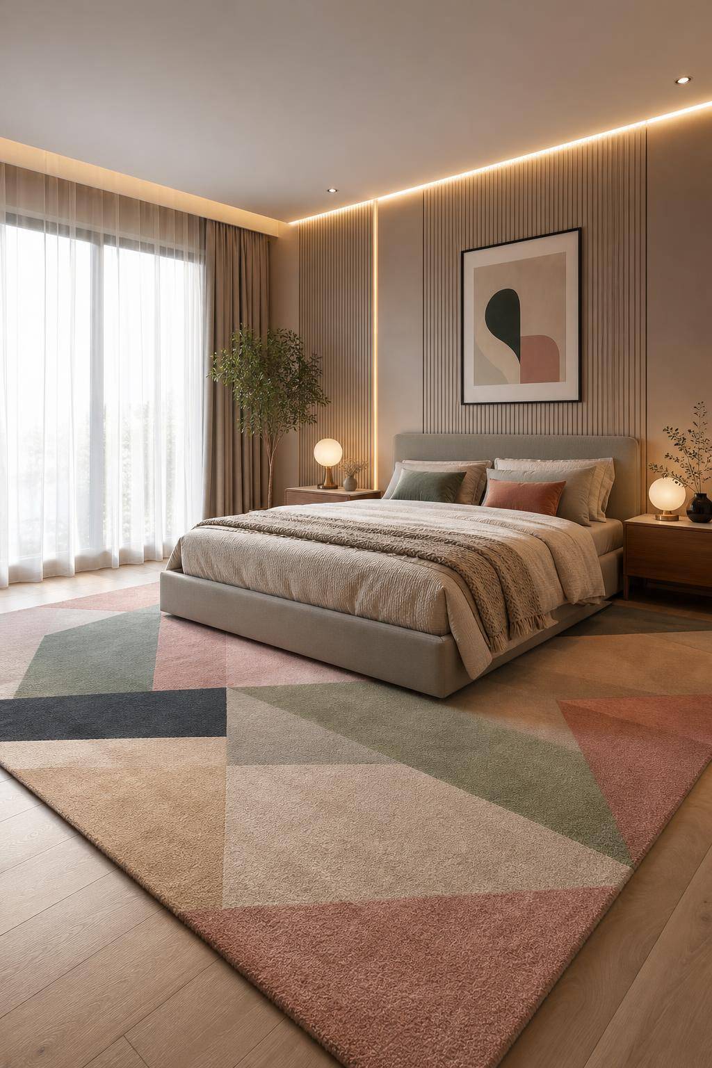 Teppich-Ideen für das Schlafzimmer- Integriere einen Teppich in geometrischen Formen