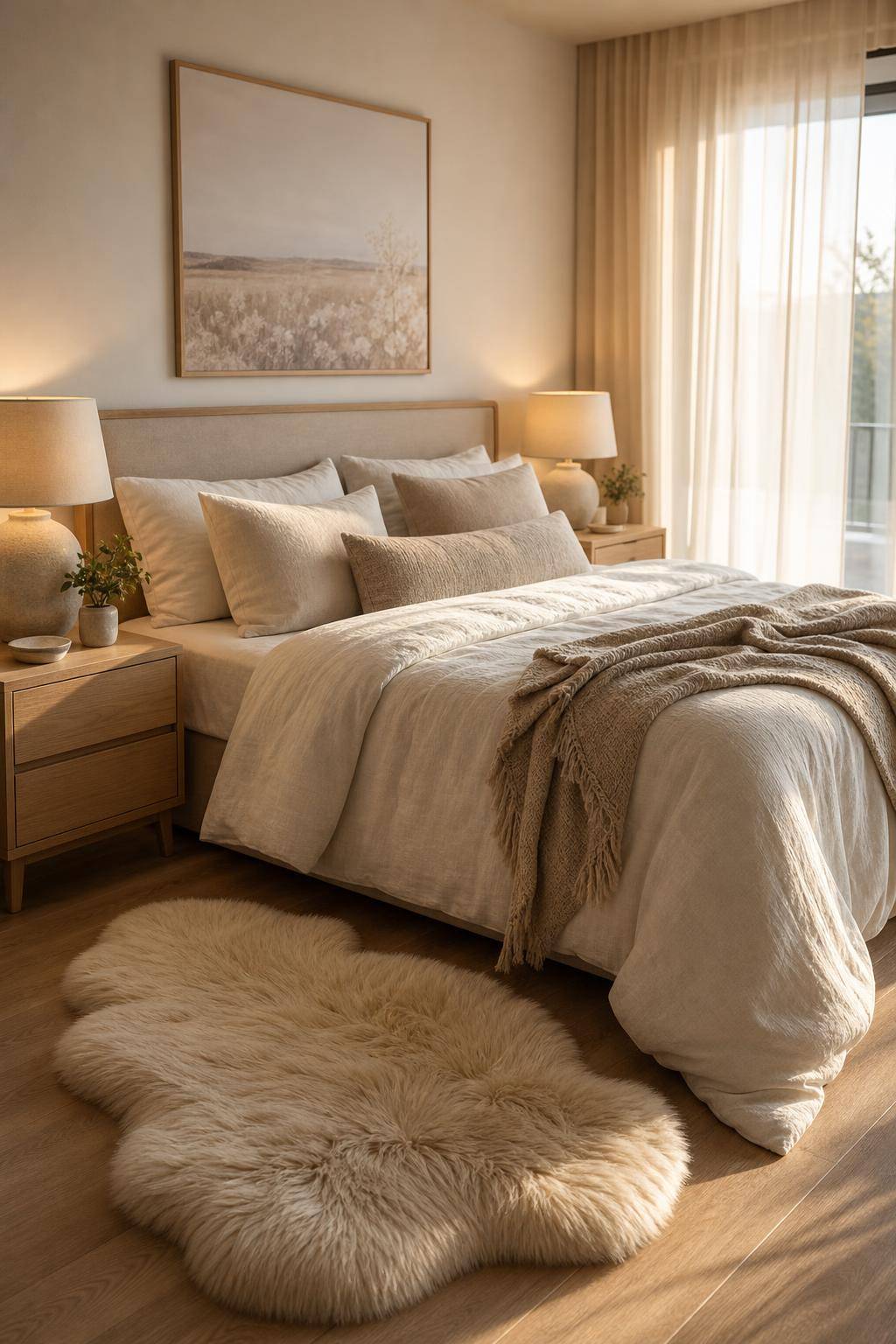 Teppich-Ideen für das Schlafzimmer- Platziere einen kuscheligen Fellteppich neben das Bett