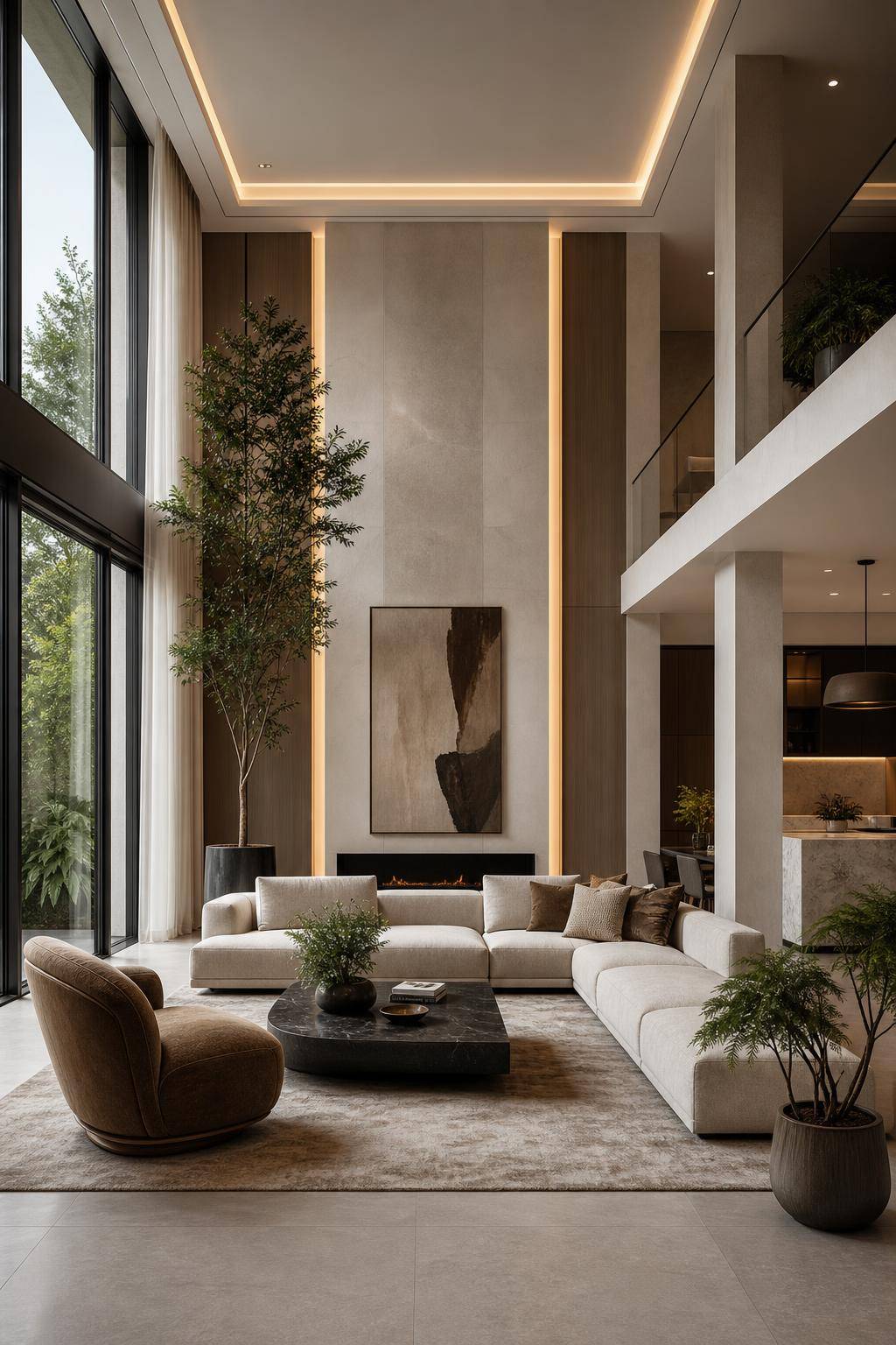 Wohnzimmer mit hohen Decken einrichten- Betone die Architektur mit Lichtleisten
