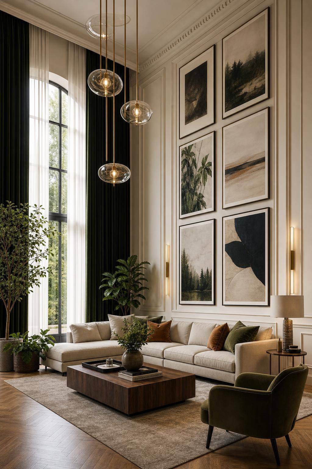 Wohnzimmer mit hohen Decken einrichten- Gestalte eine Galerie mit hohen Bildern