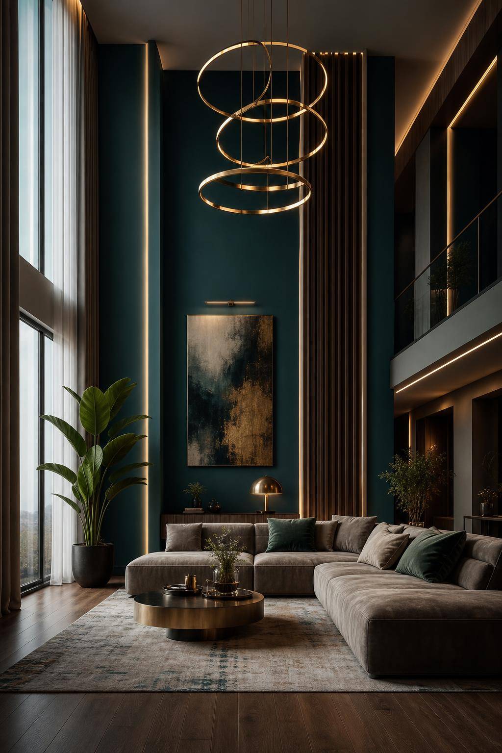 Wohnzimmer mit hohen Decken einrichten- Probiere eine extravagante Wandfarbe aus
