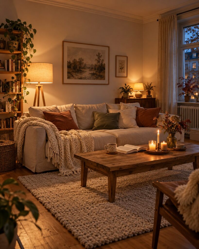 Gemütliches Wohnzimmer im Hygge-Stil am Abend mit Stehlampe, Kerzen, Strickdecke und Kissen in Rost und Salbeigrün